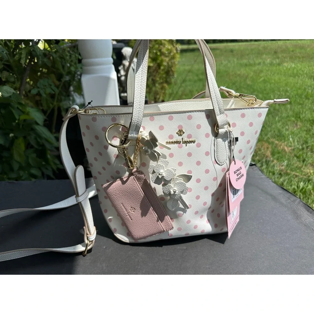 Nanette Lepore White Pink Polka Dot Satchel Handbag Crossbody Bag Charm NWT